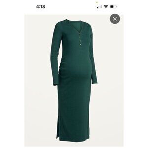 New Old Navy M Maternity Long-Sleeve Henley Midi/ maxi Dress Rib-Knit Dark Green